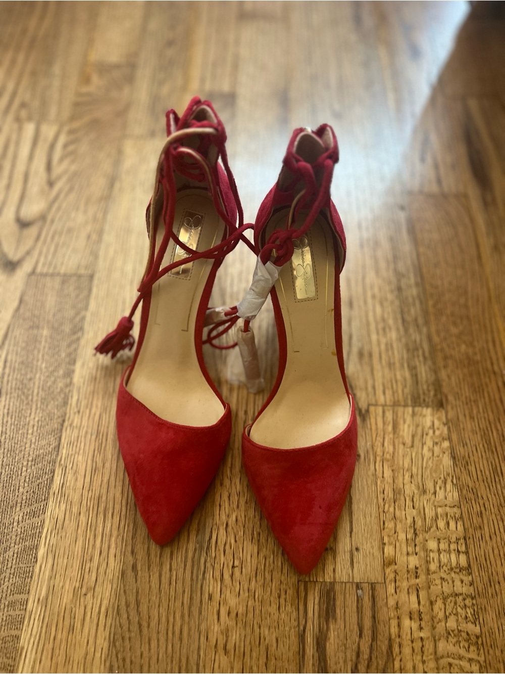 Jessica Simpson Red Suede Pointed-Toe Lace-Up Heels